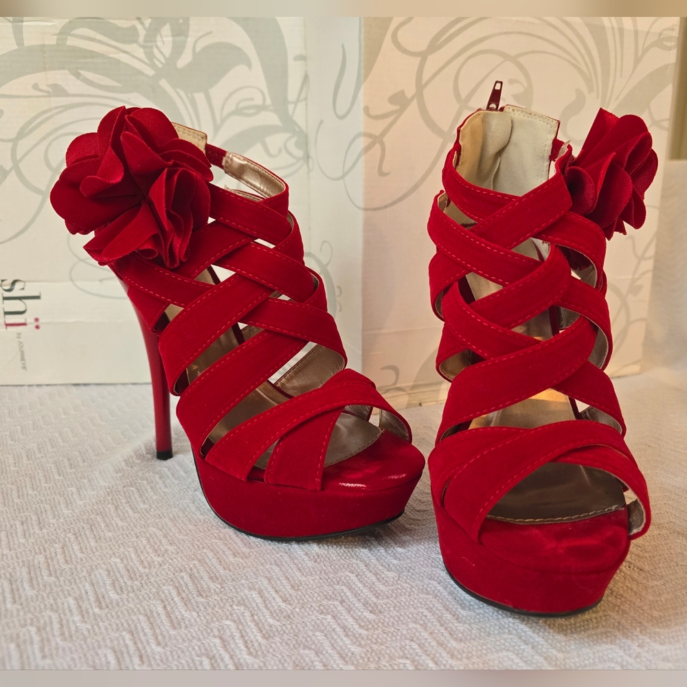 Gorgeous Red Strappy Stilettos With Flower Detail.  New Size 7.5 Wedding Guest